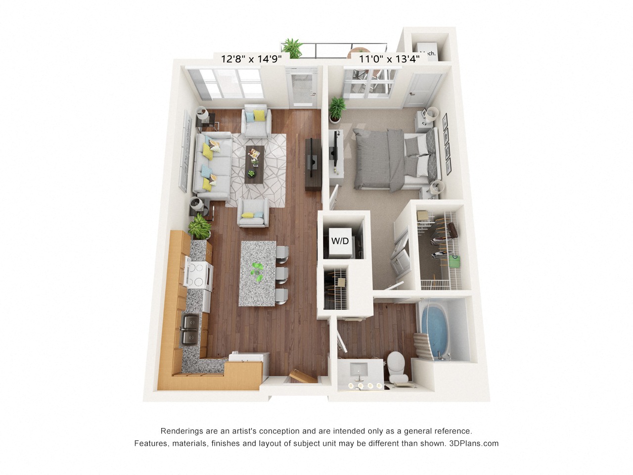 Floor plan for 1 bed, 1 bath, 723 sqft